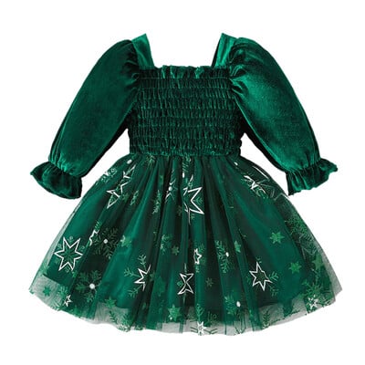 Mažų mergaičių Kalėdų vakarėlis aksominė suknelė ilgomis rankovėmis su snaigėmis su snaigėmis marginta tinklelio suknele, šventinė, rudens, žiemos drabužiai