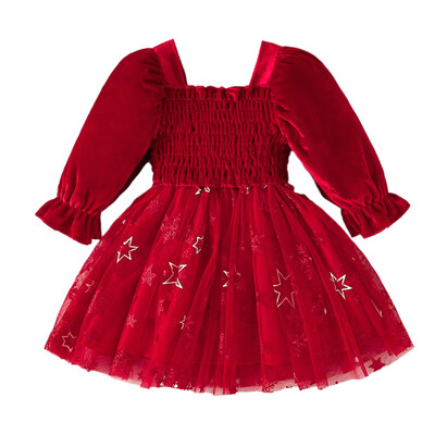 Mažų mergaičių Kalėdų vakarėlis aksominė suknelė ilgomis rankovėmis su snaigėmis su snaigėmis marginta tinklelio suknele, šventinė, rudens, žiemos drabužiai