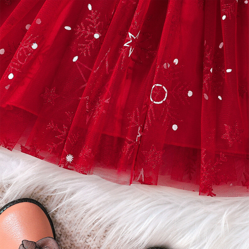 Mažų mergaičių Kalėdų vakarėlis aksominė suknelė ilgomis rankovėmis su snaigėmis su snaigėmis marginta tinklelio suknele, šventinė, rudens, žiemos drabužiai