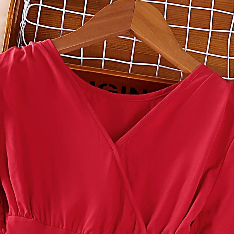 Dječja ležerna haljina za djevojčice Odjeća 2023. Nova proljetna i jesenska moda Dječja crvena haljina s plisama dugih rukava s V-izrezom od 7 do 14 godina