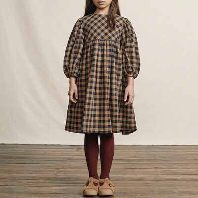 Φθινοπωρινό καρό φόρεμα από βαμβακερό και λινό για κορίτσια Φαρδιά ρετρό κλασική στρογγυλή λαιμόκοψη μακρυμάνικη πλισέ γραβάτα παιδικά κοριτσίστικα φορέματα