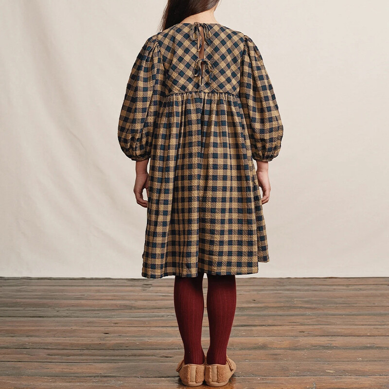 Φθινοπωρινό καρό φόρεμα από βαμβακερό και λινό για κορίτσια Φαρδιά ρετρό κλασική στρογγυλή λαιμόκοψη μακρυμάνικη πλισέ γραβάτα παιδικά κοριτσίστικα φορέματα