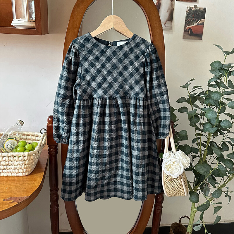 Φθινοπωρινό καρό φόρεμα από βαμβακερό και λινό για κορίτσια Φαρδιά ρετρό κλασική στρογγυλή λαιμόκοψη μακρυμάνικη πλισέ γραβάτα παιδικά κοριτσίστικα φορέματα