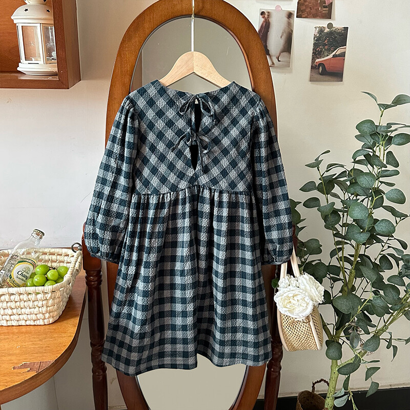 Φθινοπωρινό καρό φόρεμα από βαμβακερό και λινό για κορίτσια Φαρδιά ρετρό κλασική στρογγυλή λαιμόκοψη μακρυμάνικη πλισέ γραβάτα παιδικά κοριτσίστικα φορέματα
