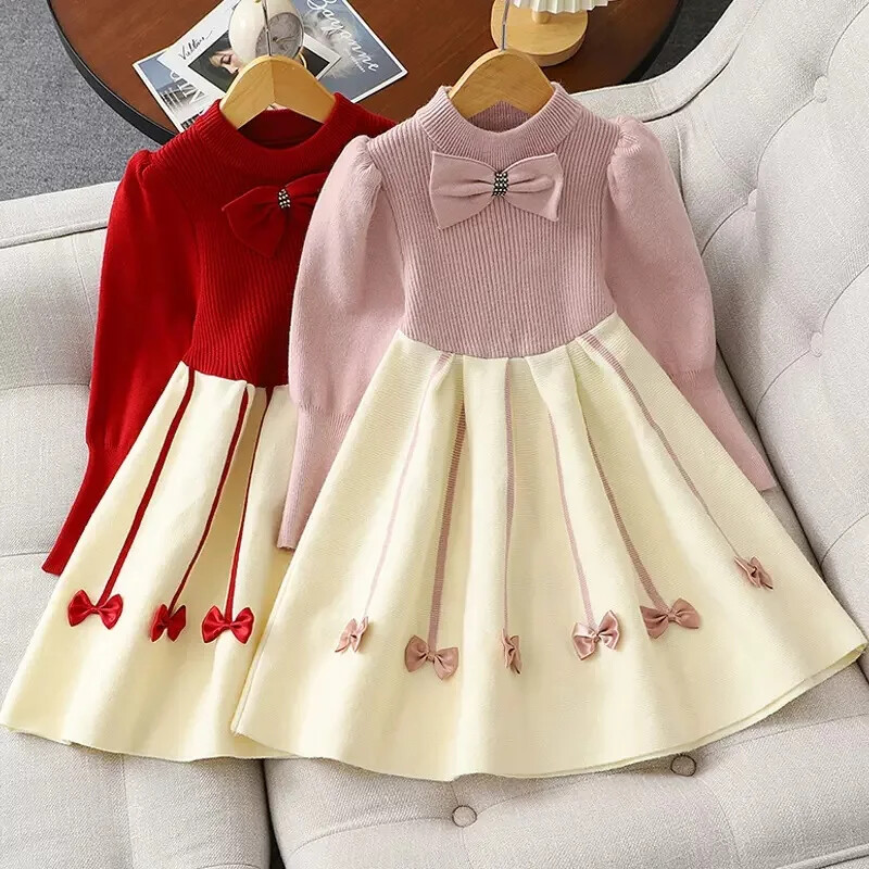 Stilinga megztinė suknelė mergaitėms rudens/žiemos naujos korėjietiškos versijos vidutinė ir didelė vaikiška žieminė suknelė