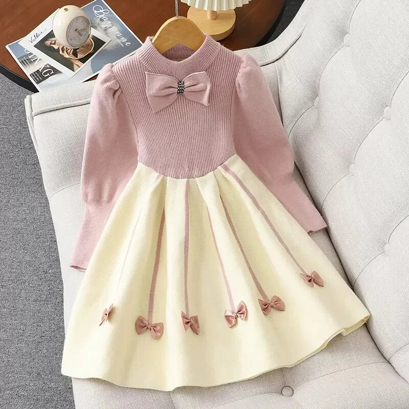 Stilinga megztinė suknelė mergaitėms rudens/žiemos naujos korėjietiškos versijos vidutinė ir didelė vaikiška žieminė suknelė