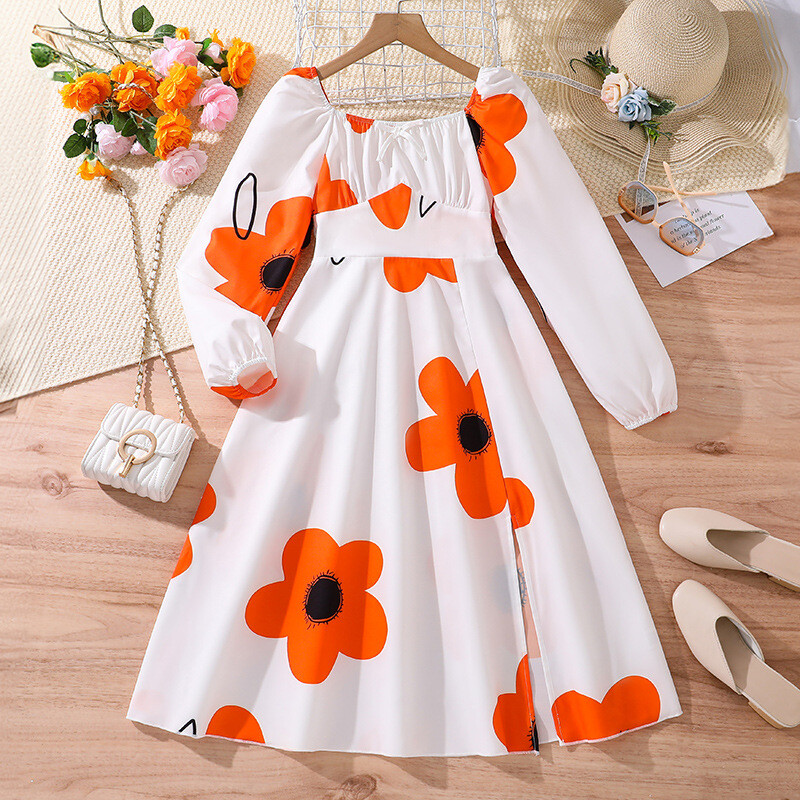 Bērnu ikdienas kleita meitenēm Apģērbi 2024. gada rudens ziema, jauna bērnu modes kleita ar garām piedurknēm ar ziedu apdruku Princeses A līnijas kleita 7–14 g.