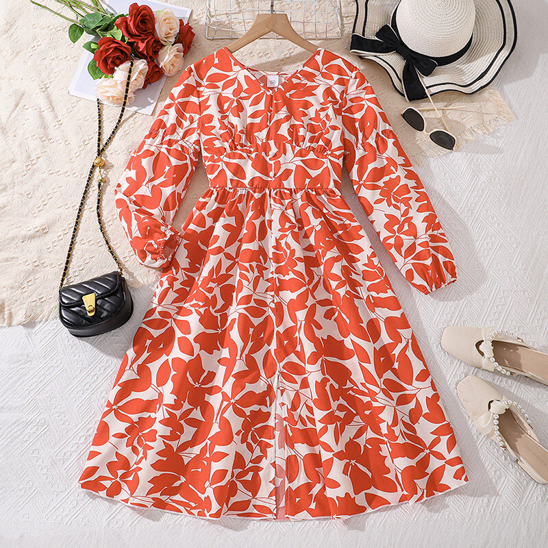 Bērnu ikdienas kleita meitenēm Apģērbi 2024. gada rudens ziema, jauna bērnu modes kleita ar garām piedurknēm ar ziedu apdruku Princeses A līnijas kleita 7–14 g.