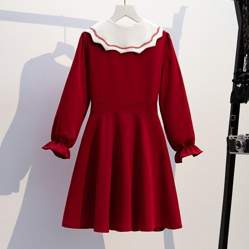 2024 rudens pavasaris Bērni Meitenes sarkanas vienkrāsainas garām piedurknēm Princese Pusaudžu mežģīnes A-LINE kroku Kleitas Apģērbs 4 7 8 9 10 12 14 Gads