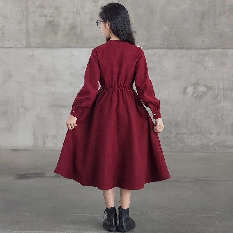 2024 rudens ziema Eiropa rietumi Kid Baby girl drēbes sarkanas garām piedurknēm ballīte Kleitas pusaudžu mežģīnes 5 6 8 9 10 11 12 gadi