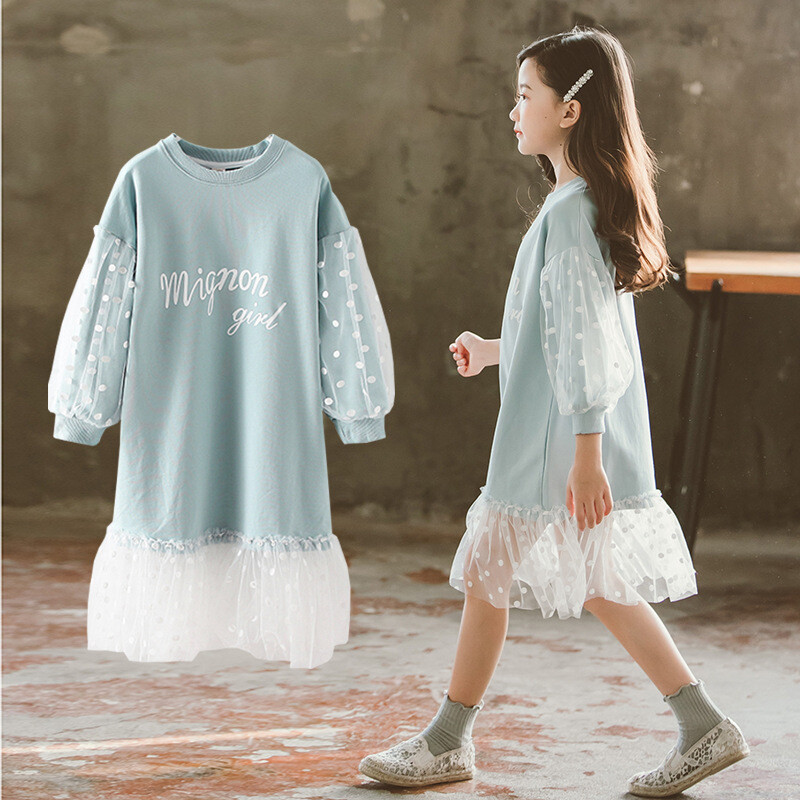 2024 rudens Pusaudžu meiteņu drēbes pavasara kleita kokvilna bērnu garām piedurknēm polka dot sietveida burtu kleitas 8 9 11 12 13 gads