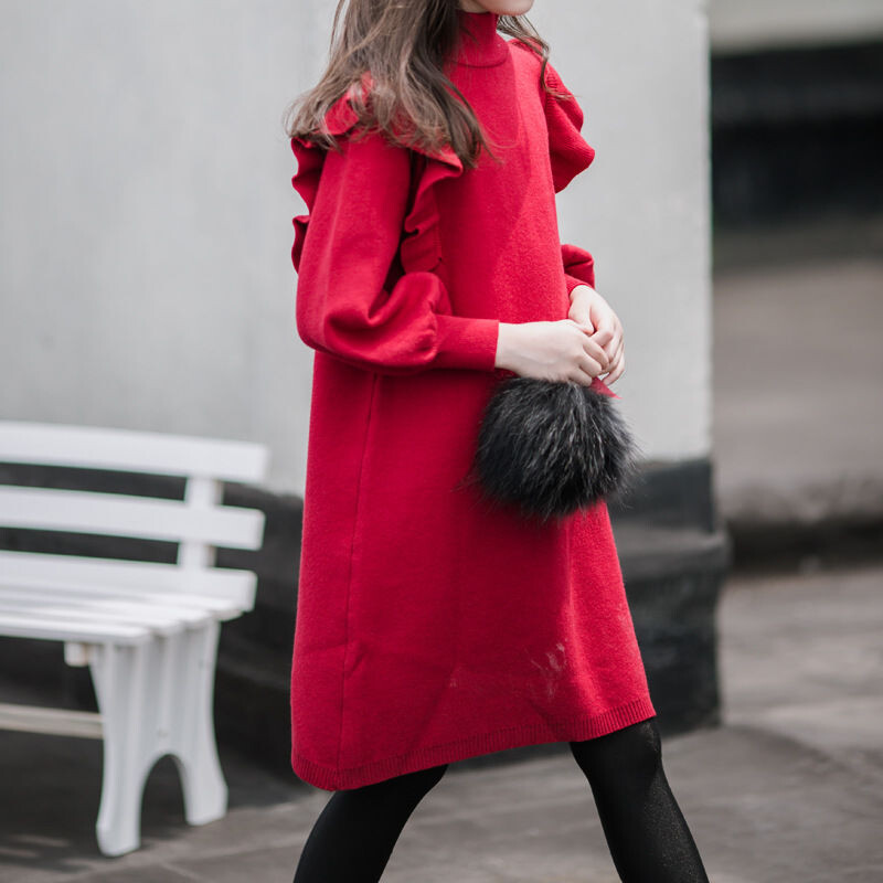 2024 φθινόπωρο άνοιξη Παιδική δαντέλα Παιδικά κοριτσίστικα ρούχα Κόκκινα πλεκτά βολάν Εφηβικό μακρυμάνικο πουλόβερ φόρεμα 7 8 9 10 11 12 13 14 ετών