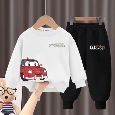Rudens bērnu apģērbu komplekti karikatūras auto apdrukas džemperis+svītras bikses 2gab uzvalks zēniem ar garām piedurknēm pulovera komplekts bērniem treniņtērps
