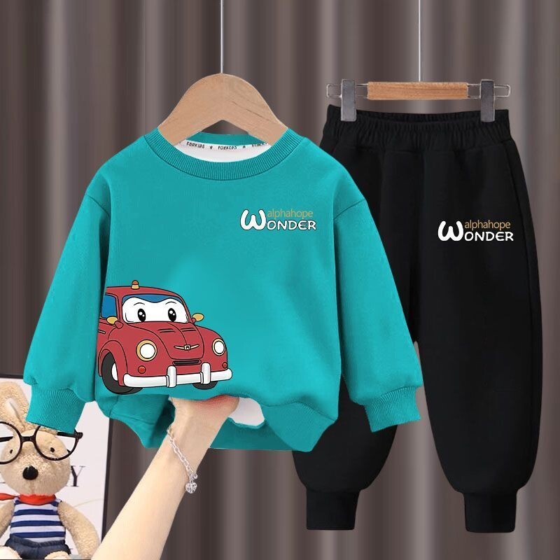 Rudens bērnu apģērbu komplekti karikatūras auto apdrukas džemperis+svītras bikses 2gab uzvalks zēniem ar garām piedurknēm pulovera komplekts bērniem treniņtērps