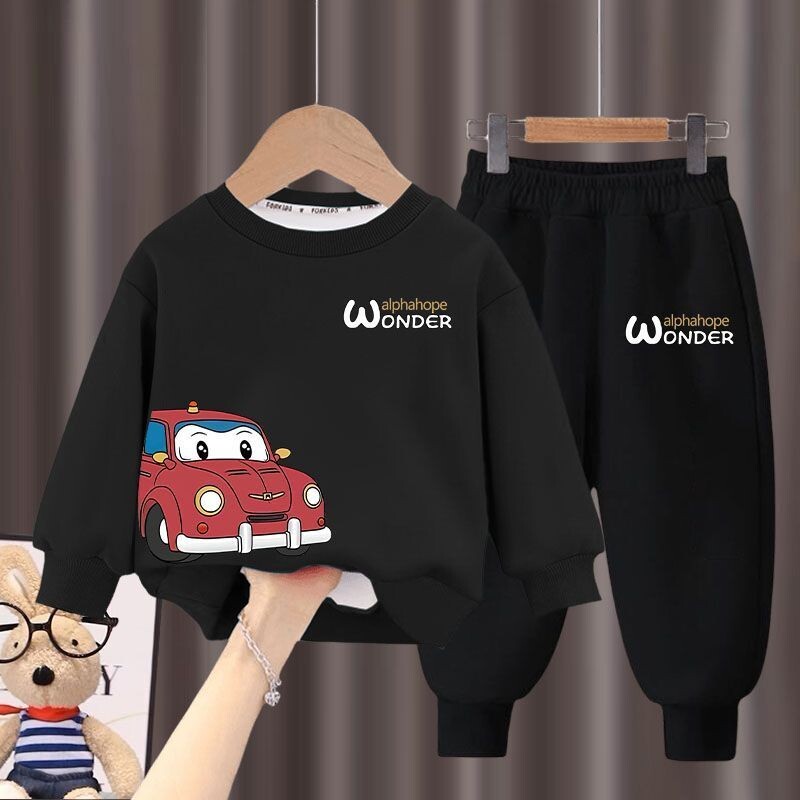 Rudens bērnu apģērbu komplekti karikatūras auto apdrukas džemperis+svītras bikses 2gab uzvalks zēniem ar garām piedurknēm pulovera komplekts bērniem treniņtērps