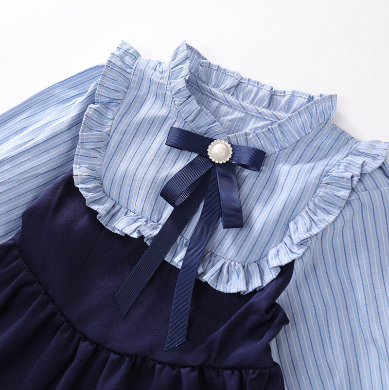 Copii Fata Rochie Stil Preppy Toamna Coreeană Falsă Două Piese Bebeluș Rochie Dună Contrast Knotbow Maneca Lungă Copii Fata Rochie