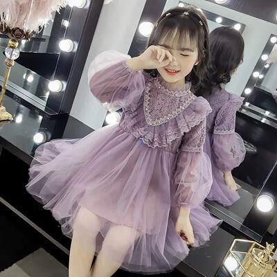 Izšuvumi Zīdaiņu Meiteņu Kleitas Rudens Jaunas Garās Piedurknes Mežģīnes Volāni Bērnu Princešu Kleitas Modes Dzimšanas Dienas Ballīte Bērnu Apģērbi