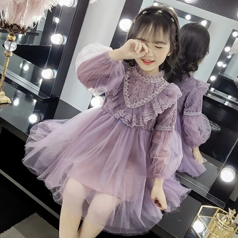 Izšuvumi Zīdaiņu Meiteņu Kleitas Rudens Jaunas Garās Piedurknes Mežģīnes Volāni Bērnu Princešu Kleitas Modes Dzimšanas Dienas Ballīte Bērnu Apģērbi