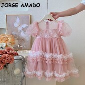 Νέο καλοκαιρινό παιδικό φόρεμα για πάρτι για κορίτσια με κοντό φουσκωτό μανίκι Διχτυωτό γιακά Φορέματα Princess Wedding Piano Perform Clothing H8880