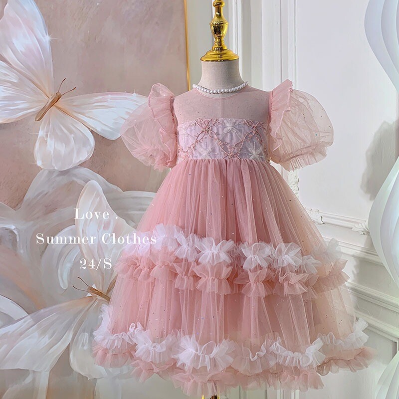 Νέο καλοκαιρινό παιδικό φόρεμα για πάρτι για κορίτσια με κοντό φουσκωτό μανίκι Διχτυωτό γιακά Φορέματα Princess Wedding Piano Perform Clothing H8880