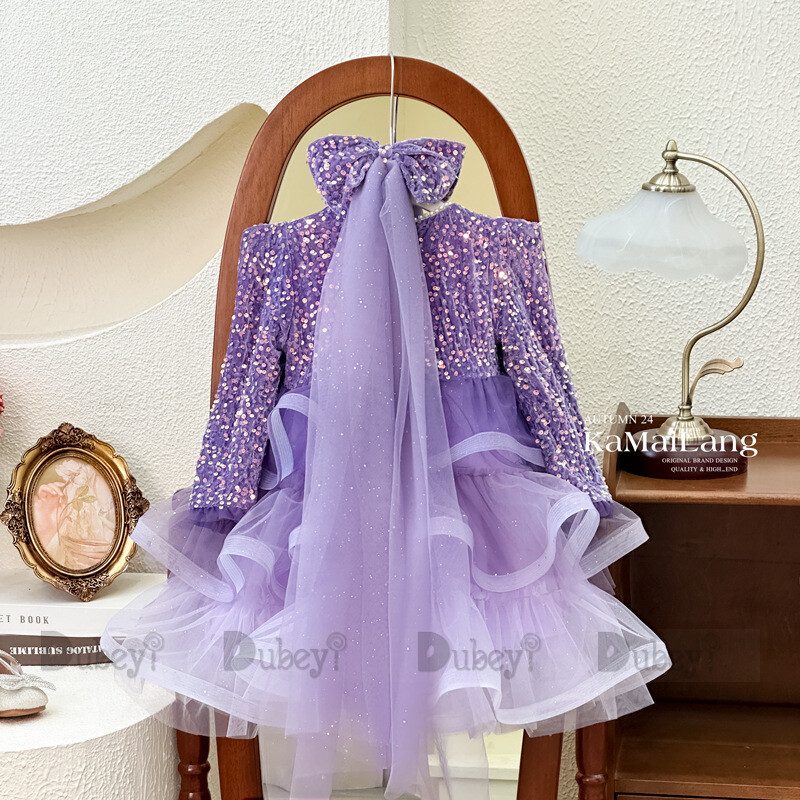 Eleganta zīdaiņu purpursarkana kleita bērniem ar fliteriem Apģērbi jauki bērniem ar garām piedurknēm Lolitas kūkas kostīmi, modes modes preču apģērbi