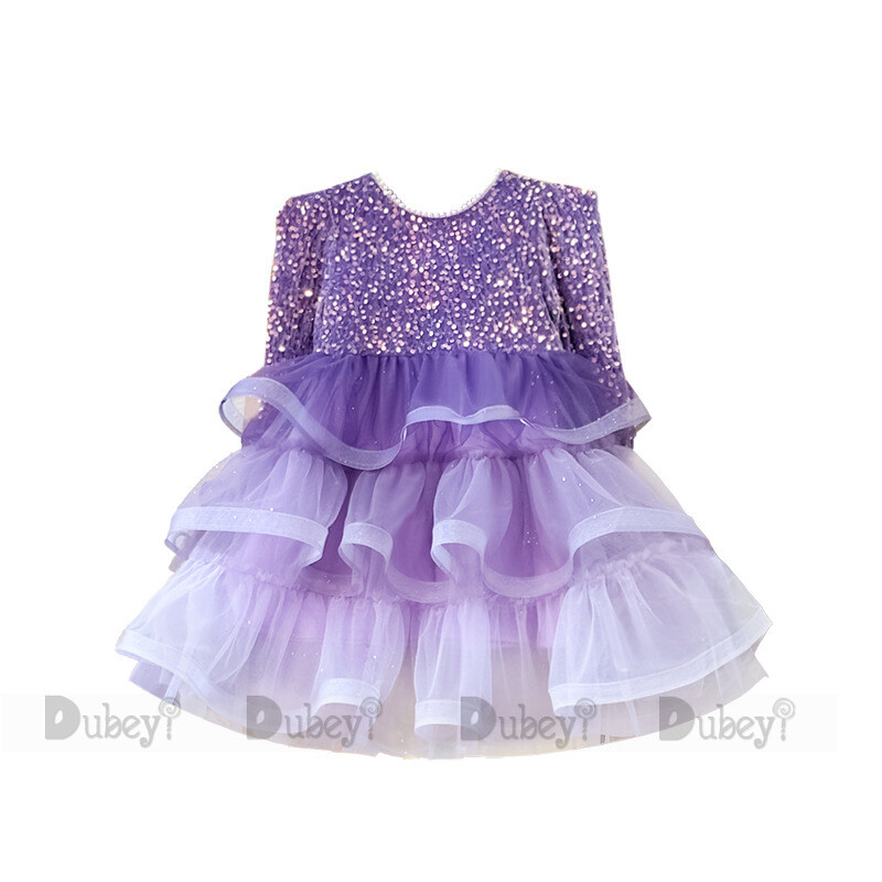 Eleganta zīdaiņu purpursarkana kleita bērniem ar fliteriem Apģērbi jauki bērniem ar garām piedurknēm Lolitas kūkas kostīmi, modes modes preču apģērbi