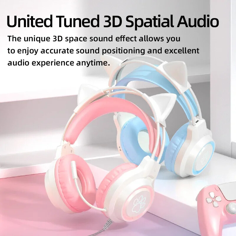 SY-G35 vadu kaķu ausu austiņas RGB apgaismojums 360° trokšņu slāpēšana mikrofons HiFi stereo skaņa dators klēpjdators spēļu austiņas austiņas austiņas