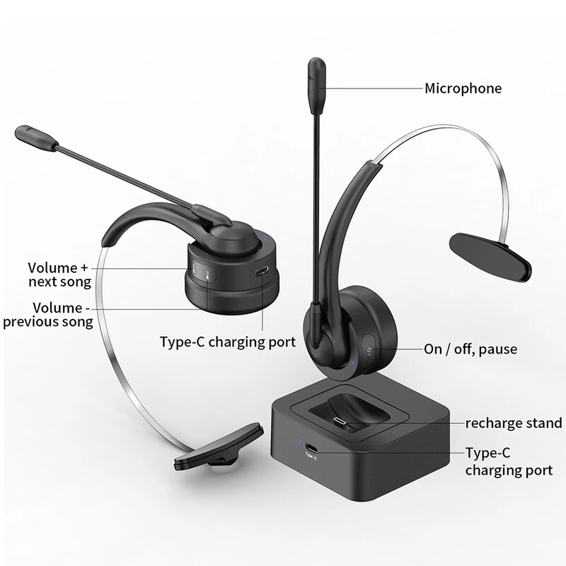 Zvanu centra biroja Bluetooth austiņas ar mikrofona uzlādes pamatni Bezvadu austiņas HiFi trokšņus slāpējošas austiņas datora klēpjdatoram