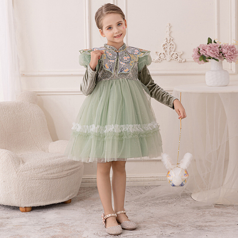 2024. gada rudens New Girls tilla kleita ar burbuļmateriālu piedurknēm Hanfu spīdoši princeses svārki