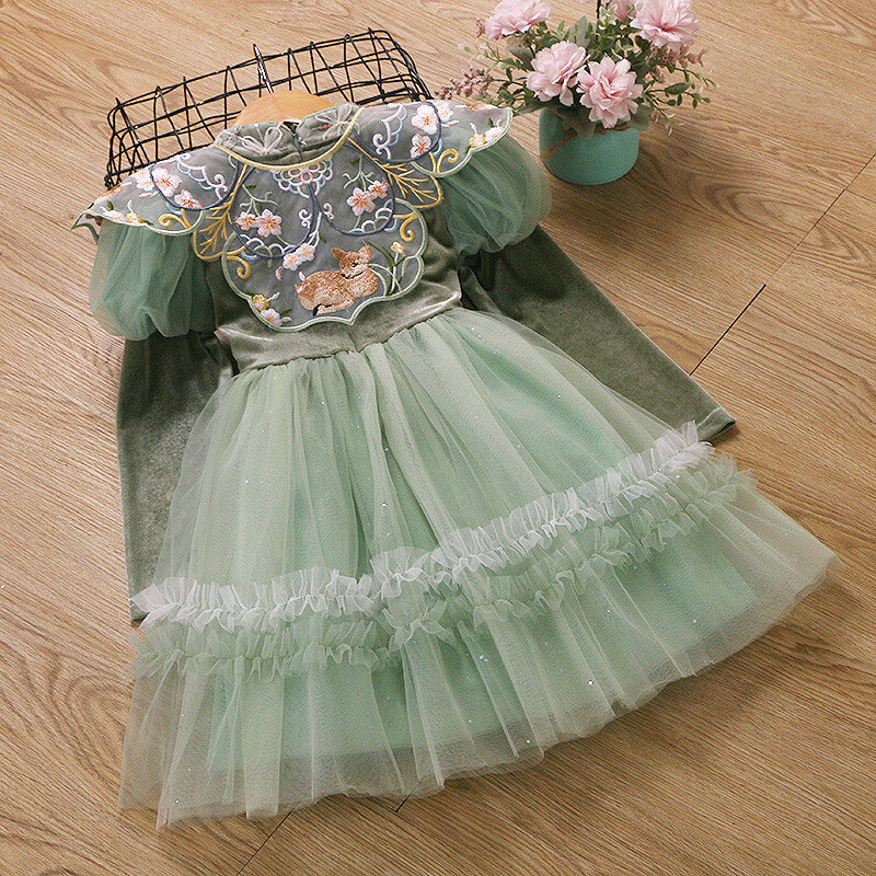 2024. gada rudens New Girls tilla kleita ar burbuļmateriālu piedurknēm Hanfu spīdoši princeses svārki