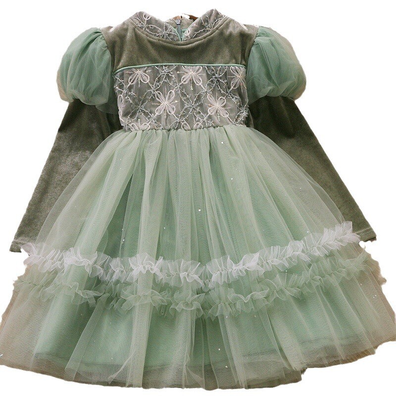 2024. gada rudens New Girls tilla kleita ar burbuļmateriālu piedurknēm Hanfu spīdoši princeses svārki