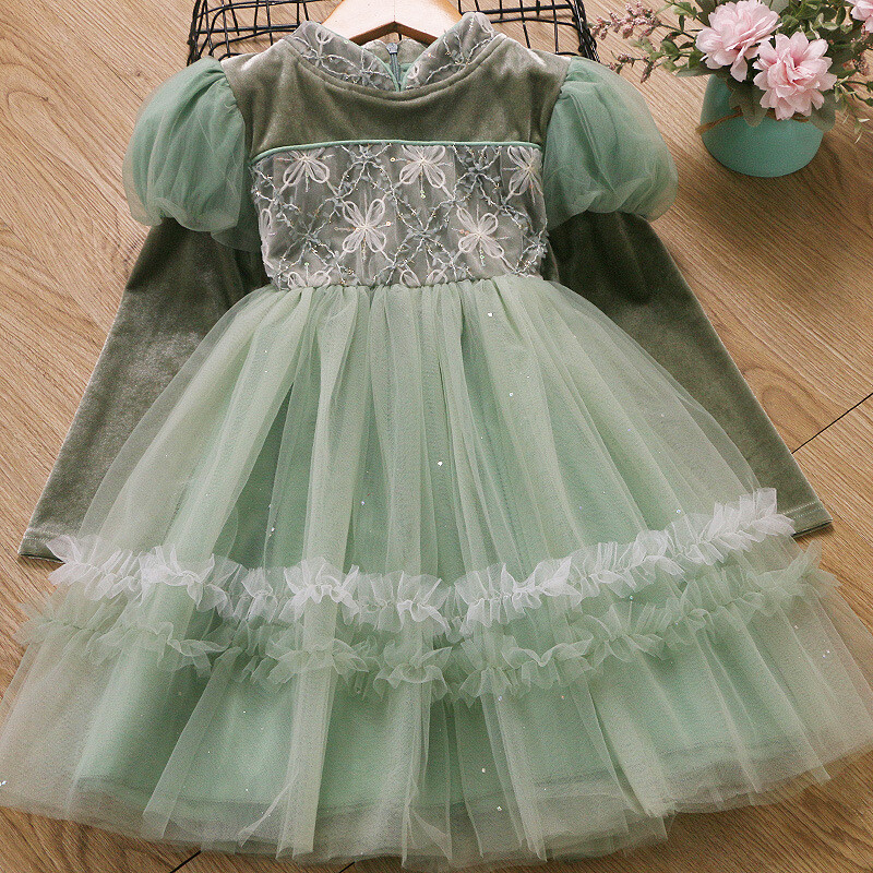 2024. gada rudens New Girls tilla kleita ar burbuļmateriālu piedurknēm Hanfu spīdoši princeses svārki