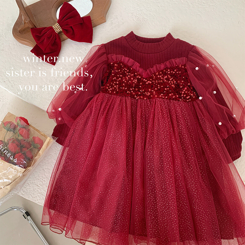 Mergaičių rudens ir žiemos drabužiai Nauji vaikų gimtadieniai Madinga korėjietiško stiliaus suknelė, moteriška kūdikiui plius aksominiu blizgučiu