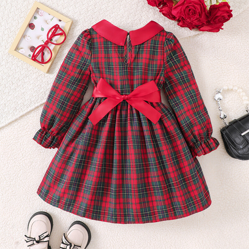 Ma&Baby kalėdinė mergaičių suknelė rudeninė vaikiška mažylė mergaitei raudona languota lankelio vakarėlio suknelės vaikams naujametiniai kalėdiniai drabužiai 4 5 6 7 ﻿