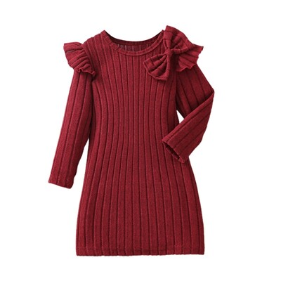 Vaikiška mergaičių megzta suknelė Vienspalvė mezginėlis apvaliu kaklu ilgomis rankovėmis laisvalaikio suknelė rudens princesės suknelė