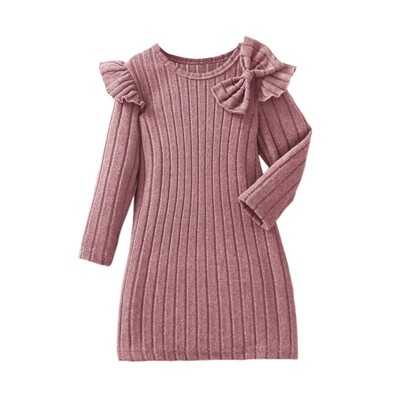 Vaikiška mergaičių megzta suknelė Vienspalvė mezginėlis apvaliu kaklu ilgomis rankovėmis laisvalaikio suknelė rudens princesės suknelė