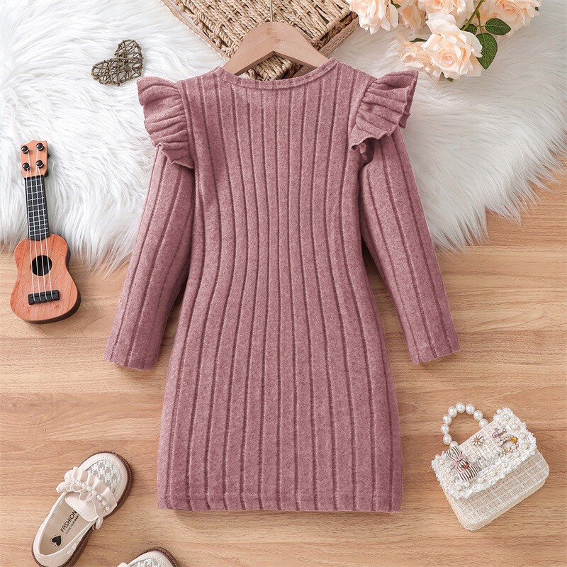 Vaikiška mergaičių megzta suknelė Vienspalvė mezginėlis apvaliu kaklu ilgomis rankovėmis laisvalaikio suknelė rudens princesės suknelė