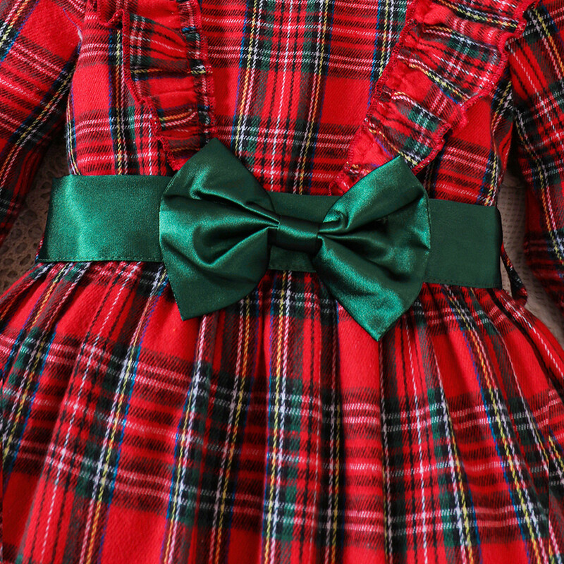 Gyerek karácsonyi ruha lányoknak Ruhák Őszi tél 2024 új gyerek aranyos hosszú ujjú piros zöld kockás csokorcsomós hercegnő ruha