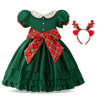 Mergaičių kalėdinė karnavalinė suknelė su dideliu lankeliu Vaikų senovinė žalia Kalėdų Senelio dovana mergaitei Jauna raudona grotelių princesė nauja suknelė