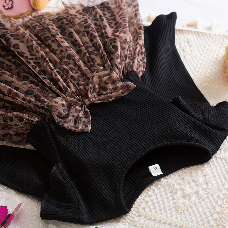 2024 m. vaikiška leopardo rašto suknelė mergaičių žiemos gimtadienio vakarėliui pilnomis rankovėmis princesės suknelės Nauji rudens pavasario kratiniai megzti drabužiai