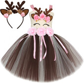 Rozā ziedi, briežu kostīmi meitenēm Ziemassvētku brīvdienu kleita bērniem Ziemeļbrieža Ziemassvētku tērps bērniem Jaungada apģērbs Dāvana