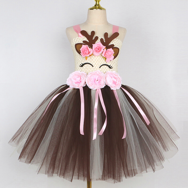 Rozā ziedi, briežu kostīmi meitenēm Ziemassvētku brīvdienu kleita bērniem Ziemeļbrieža Ziemassvētku tērps bērniem Jaungada apģērbs Dāvana