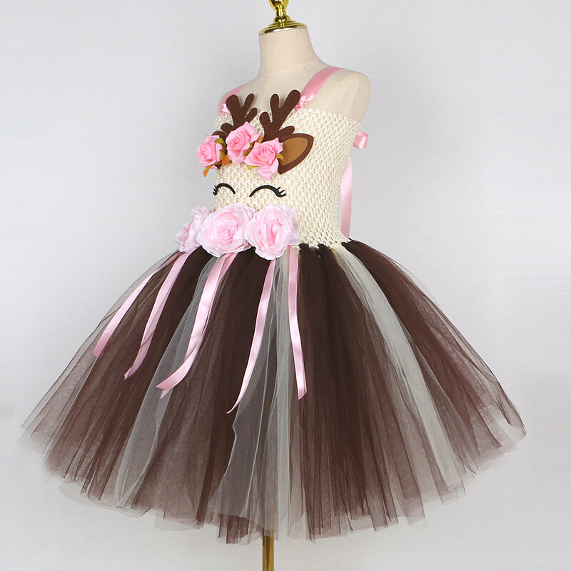 Rozā ziedi, briežu kostīmi meitenēm Ziemassvētku brīvdienu kleita bērniem Ziemeļbrieža Ziemassvētku tērps bērniem Jaungada apģērbs Dāvana