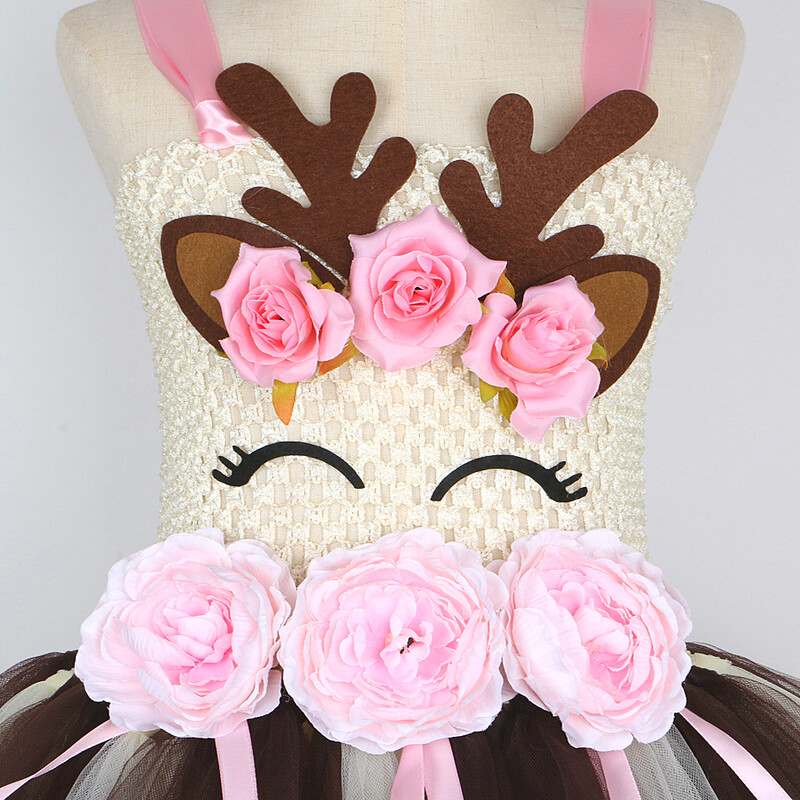 Rozā ziedi, briežu kostīmi meitenēm Ziemassvētku brīvdienu kleita bērniem Ziemeļbrieža Ziemassvētku tērps bērniem Jaungada apģērbs Dāvana