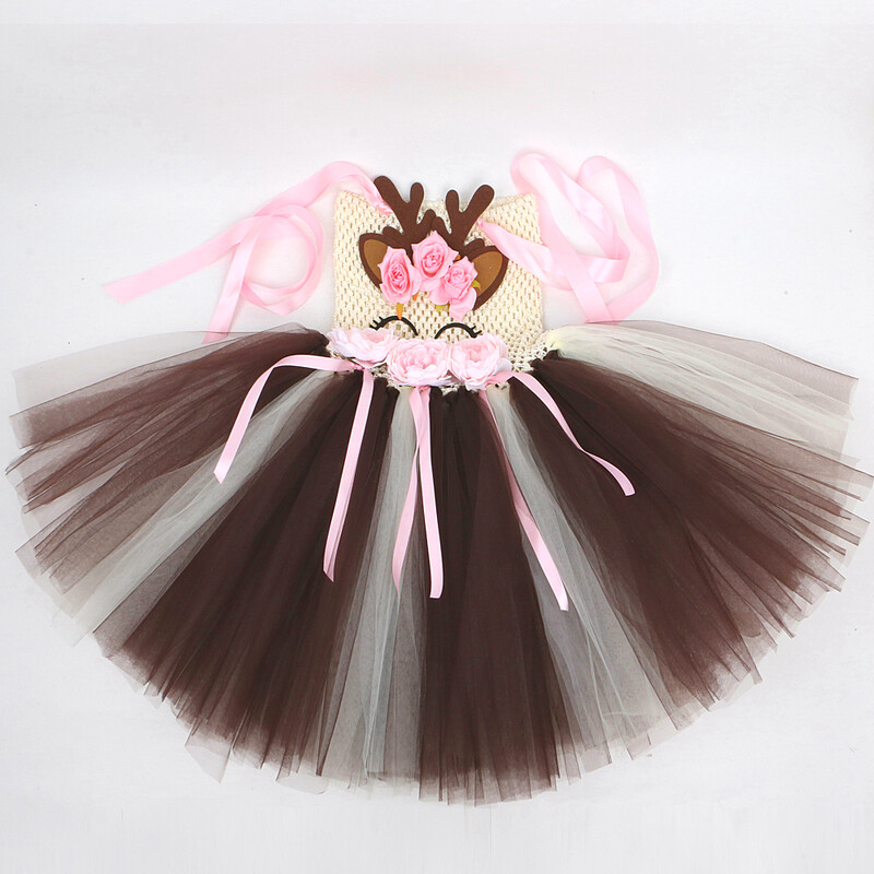 Rozā ziedi, briežu kostīmi meitenēm Ziemassvētku brīvdienu kleita bērniem Ziemeļbrieža Ziemassvētku tērps bērniem Jaungada apģērbs Dāvana