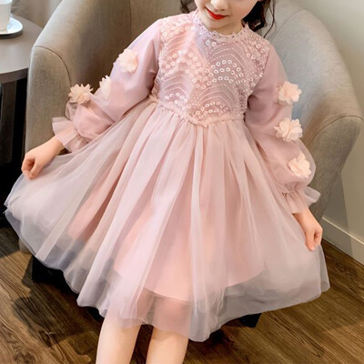 Есен Зима Нова мода Kawaii Girls Party Dress Едноцветни апликации Детска рокля на принцеса Сладки сладки детски дрехи