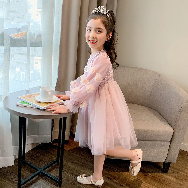 Rudens ziema Jaunas modes Kawaii meiteņu ballīšu kleita Masīvas aplikācijas ar garām piedurknēm Bērnu princešu kleita Jauki, saldi bērnu apģērbi