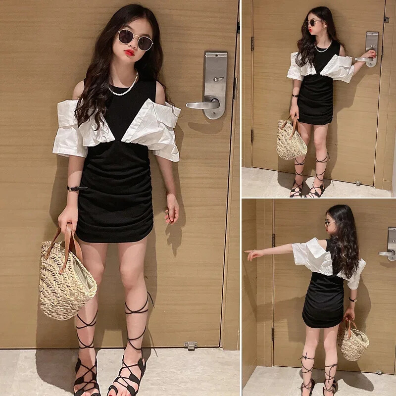 Φόρεμα για κορίτσια Fashion Off-Shoulder Party Φόρεμα για κορίτσια Καπέλα μανίκι τούλι Παιδικά μαύρα φορέματα Νέα καλοκαιρινά κομψά παιδικά ρούχα