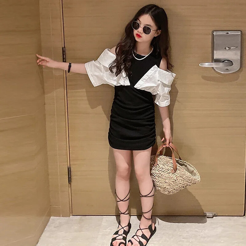 Φόρεμα για κορίτσια Fashion Off-Shoulder Party Φόρεμα για κορίτσια Καπέλα μανίκι τούλι Παιδικά μαύρα φορέματα Νέα καλοκαιρινά κομψά παιδικά ρούχα