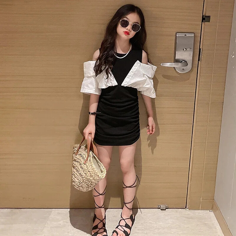 Φόρεμα για κορίτσια Fashion Off-Shoulder Party Φόρεμα για κορίτσια Καπέλα μανίκι τούλι Παιδικά μαύρα φορέματα Νέα καλοκαιρινά κομψά παιδικά ρούχα